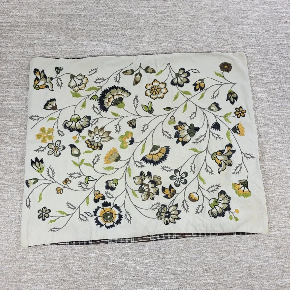IKEA Alvine Lov Embroidered Floral Pillow Cover 20x24 Cream Cotton Plaid Back - Picture 4 of 16
